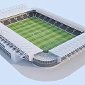 Modern Football Stadium Design With Green Turf White Roof And Gray Seating