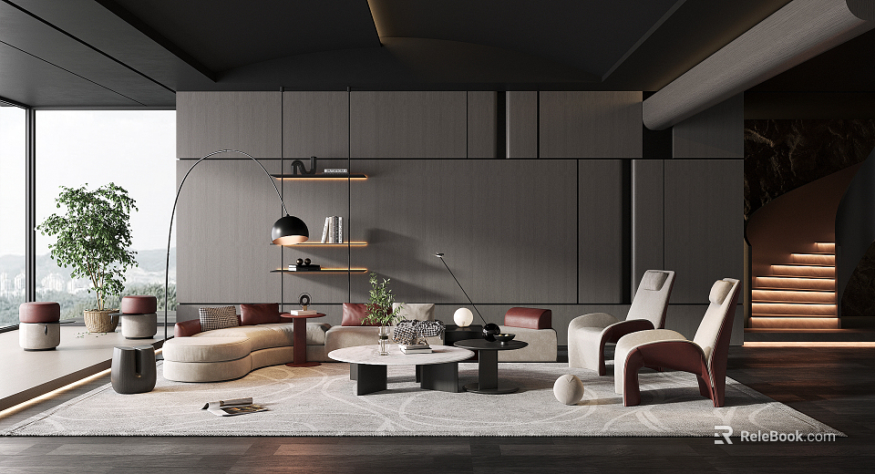 Elegant Modern Living Room Interior With Comfortable Sofa Coffee Table And Floor Lamp 3d model 