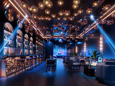 Modern Bar Interior Design With Pendant Lights Bar Counter Sofas And Wine Bottles 3d model