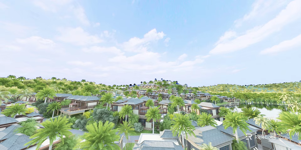 Aerial Planning Of Tropical Residential Community With Palm Trees And Building Layout 3d model 