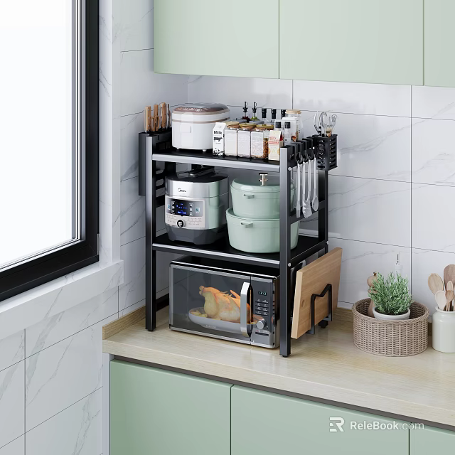 Kitchen Countertop Storage Rack with Microwave Oven Cookware and Utensils Organizer 3d model 