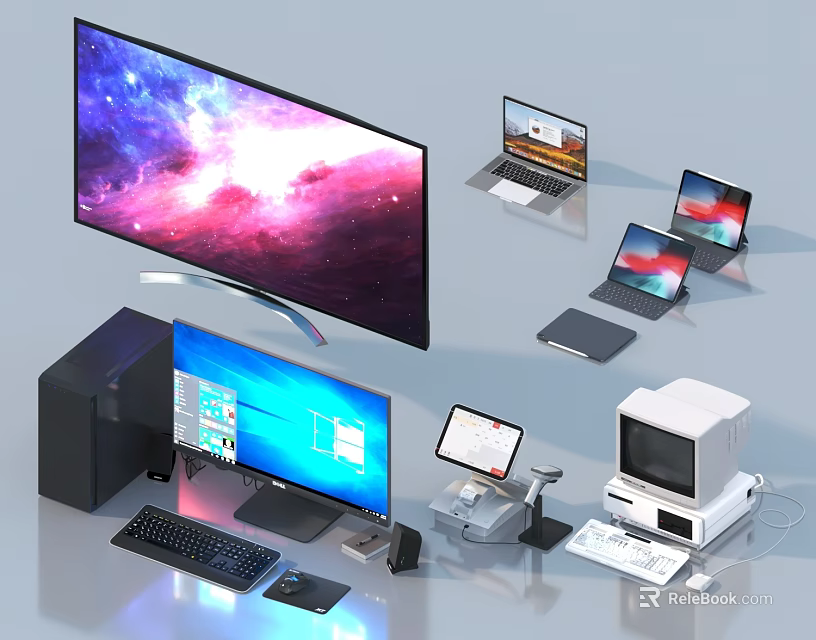 Modern Computer Workspace With Desktop Monitor Laptops Tablets Printer And Accessories 3d model 