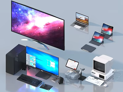 Modern Computer Workspace With Desktop Monitor Laptops Tablets Printer And Accessories 3d model