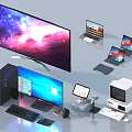 Modern Computer Workspace With Desktop Monitor Laptops Tablets Printer And Accessories