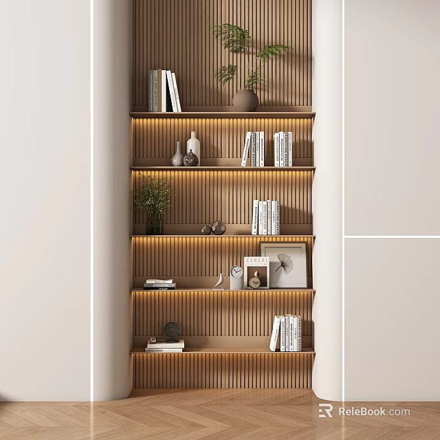Modern Wooden Shelving Unit With LED Lighting Books Decorative Items And Potted Plants 3d model 