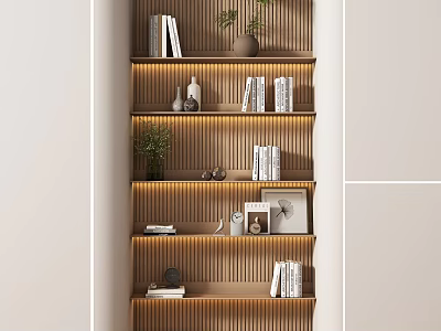 Modern Wooden Shelving Unit With LED Lighting Books Decorative Items And Potted Plants 3d model