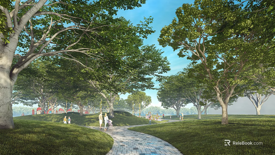 Beautiful Park Landscape With Green Trees Grass Stone Pathway People Walking And Blue Sky 3d model 