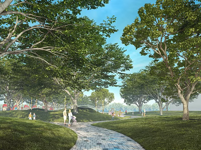 Beautiful Park Landscape With Green Trees Grass Stone Pathway People Walking And Blue Sky 3d model