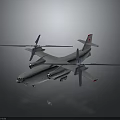 Airplane With Four Blue Propellers Large Fuselage And Red Logo On Tail In Gray Background