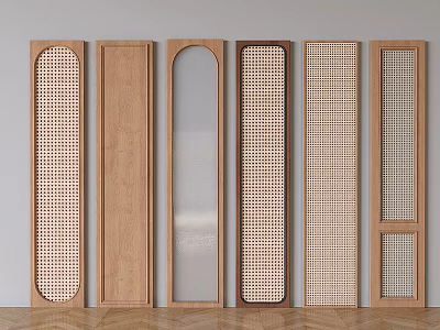 Various Wooden Wardrobe Doors Featuring Grid Vertical Slats And Arched Glass Designs 3d model