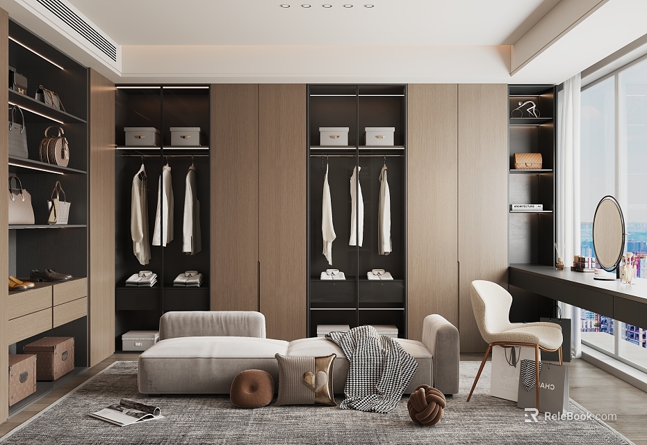 Elegant Modern Walk-in Closet Interior With Wooden Cabinets Hanging Area Dressing Table And Rug 3d model 