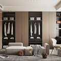 Elegant Modern Walk-in Closet Interior With Wooden Cabinets Hanging Area Dressing Table And Rug