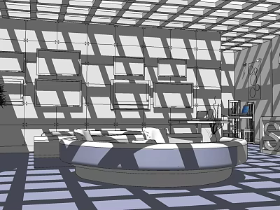 Modern Leisure Area with Geometric Ceiling and Shadow Patterns Circular Seating and Checkerboard Floor Design 3d model