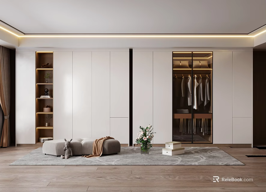 Modern Wardrobe Interior With White Glass Doors Open Wooden Shelves Hanging Clothes On Gray Rug 3d model 