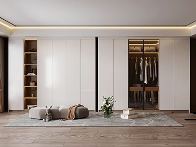Modern Wardrobe Interior With White Glass Doors Open Wooden Shelves Hanging Clothes On Gray Rug 3d model