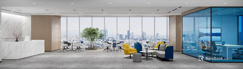 Modern Office Lounge With Large Windows City View Yellow And Blue Chairs Green Plant 3d model 