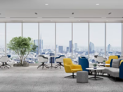 Modern Office Lounge With Large Windows City View Yellow And Blue Chairs Green Plant 3d model