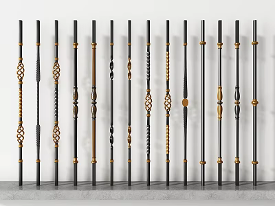 Decorative Metal Railings with Various Black and Gold Design Patterns and Ornate Details 3d model