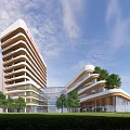 Modern Guangdong Building Exterior With Curved Design Palm Trees And Green Lawn