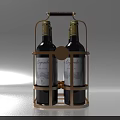 Two Elegant Wine Bottles in Gold Metal Rack with Brown Leather Handle and Château Labels