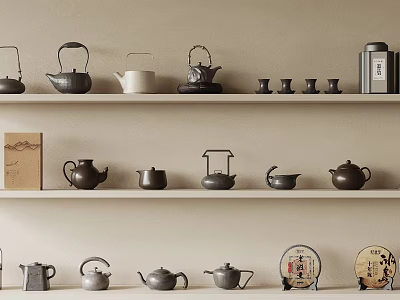 Ceramic Ware Featuring Teapots Teacups Tea Caddies On Light Colored Shelves With Decorative Paintings 3d model