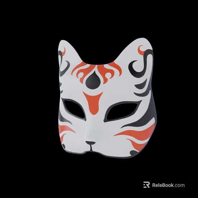 Japanese Style Decorative Ornament Set with White Cat Face Mask and Red Black Patterns 3d model 