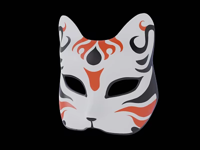 Japanese Style Decorative Ornament Set with White Cat Face Mask and Red Black Patterns 3d model