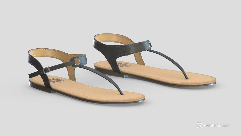 Black Leather Thong Sandals with Flat Sole and Comfortable Insole for Casual Wear 3d model 