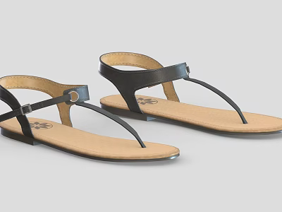 Black Leather Thong Sandals with Flat Sole and Comfortable Insole for Casual Wear 3d model