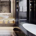 Modern Luxury Bathroom Interior With Double Vanity Marble Countertop Large Mirror And Tub