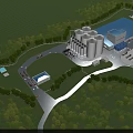 Modern Industrial Plant With Large Silos Green Surroundings And Parking Facilities