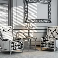 Leisure Sofa Set with Black Leather Armchairs Dark Wooden Walls Blinds and Gold Accents