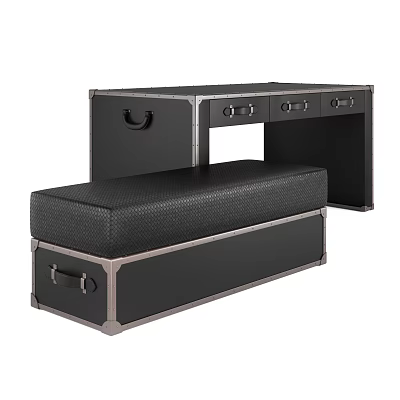 Modern Black Desk With Cushioned Bench And Metal Trim Storage Design 3d model