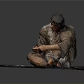 Ancient Human Figure Sitting On Round Mat Wearing Animal Skin Clothing Crafting