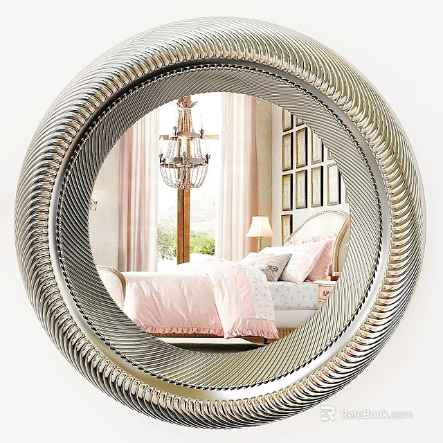 Elegant Circular Mirror with Twisted Silver Frame Reflecting Bedroom with Pink Bedding and Chandelier 3d model 