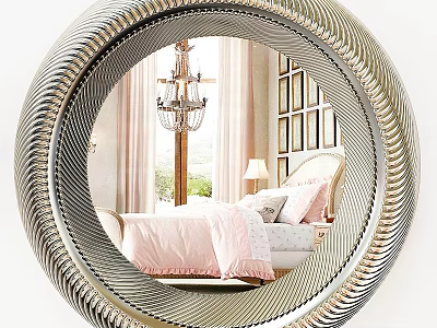 Elegant Circular Mirror with Twisted Silver Frame Reflecting Bedroom with Pink Bedding and Chandelier 3d model