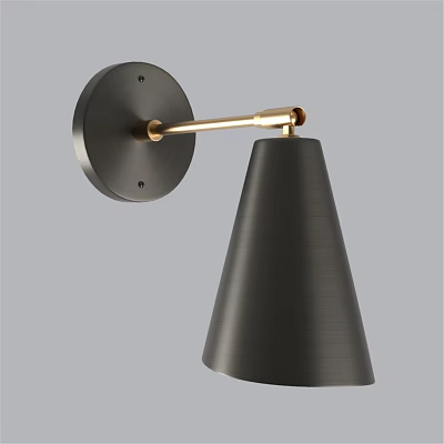 Modern Black Cone Shade Wall Lamp With Gold Metal Arm Mounted On Wall 3d model