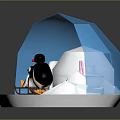 Two Penguins In Snowy Scene With Igloo Sled Colorful Ball And Blue Background