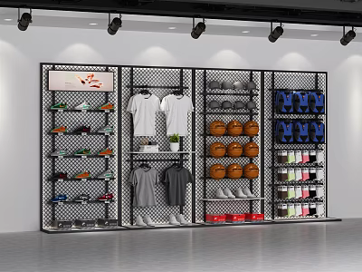 Sports Store Display Shelves Featuring Shoes T-shirts Basketballs And Caps 3d model