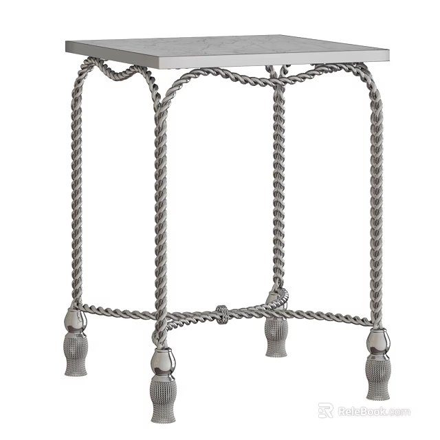 Elegant Silver Metal Side Table With Twisted Rope Legs And Decorative Tassel Accents 3d model 