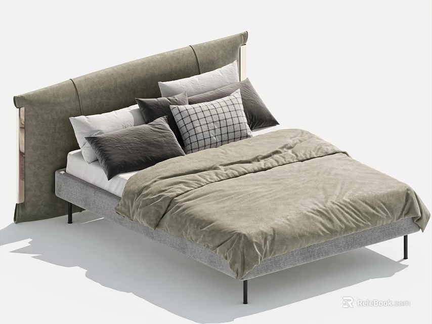Modern Minimalist Double Bed With Gray Upholstered Headboard Light Gray Comforter And Multiple Pillows 3d model 