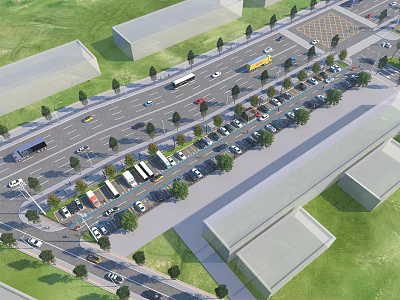 Urban Road Infrastructure with Vehicles Pedestrian Walkways Greenery and Traffic Flow 3d model