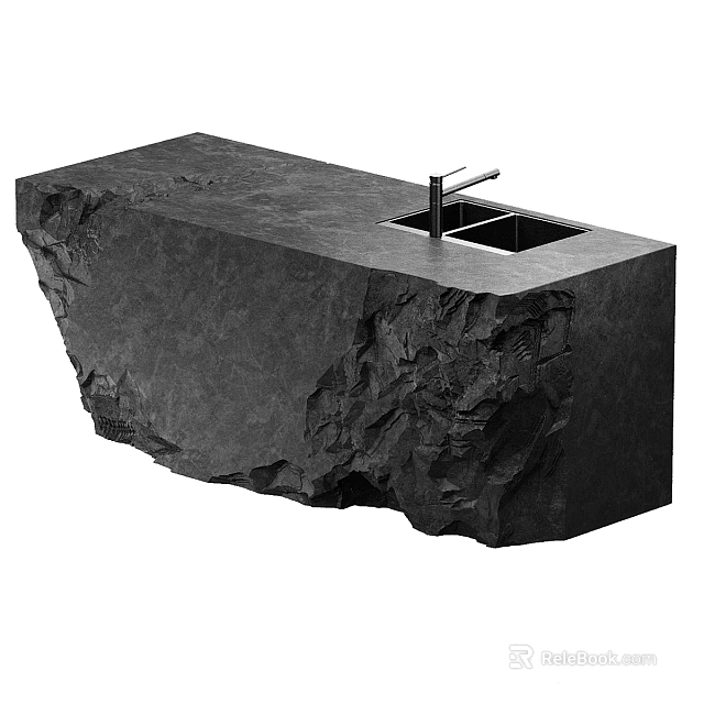 Black Stone Textured Kitchen Island Countertop With Sink And Faucet 3d model 