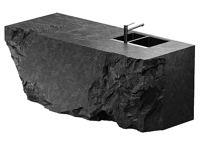 Black Stone Textured Kitchen Island Countertop With Sink And Faucet 3d model