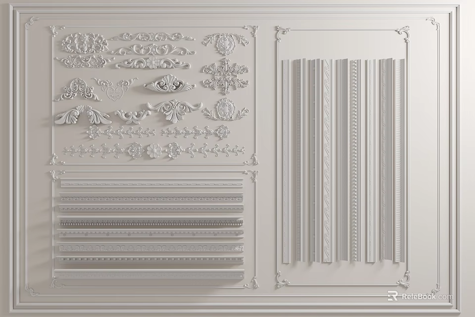 Different Styles Of Decorative Gypsum Moldings With Ornate Patterns And Linear Designs 3d model 