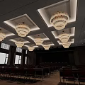 Modern Conference Room Interior With Square Ceiling Crystal Chandeliers Red Chairs Front Blackboard And Windows