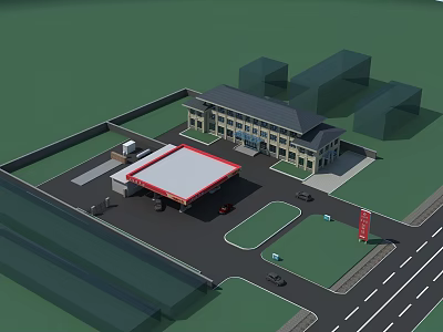 Gas Station Layout With Canopy Main Building Vehicles And Surrounding Road 3d model