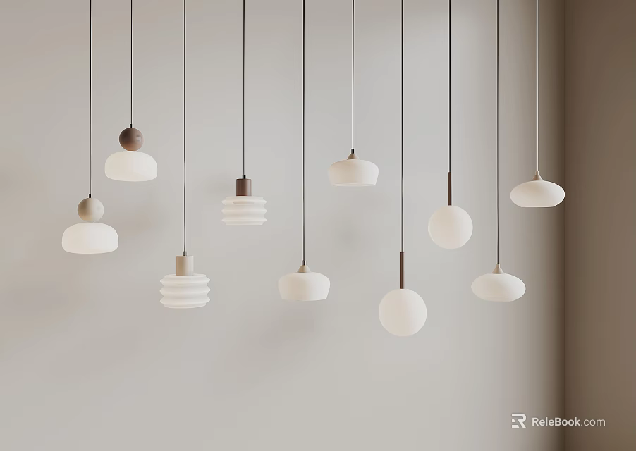 Modern Pendant Lights With Various White Shades And Brown Bases Hanging Against Light Colored Wall 3d model 