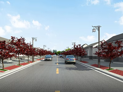 Road Facilities With Street Lamps Red Trees Vehicles And Yellow Center Line On Urban Street 3d model