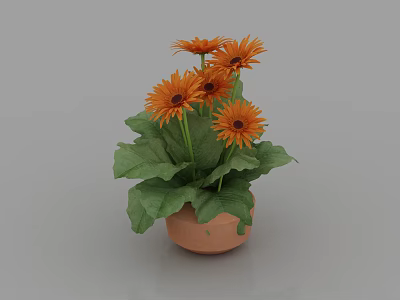 Potted Plant in Terracotta Pot with Vibrant Orange Flowers and Green Leaves 3d model